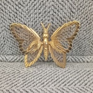 Vintage Monet Butterfly Brooch, White and Gold Tone Lapel Pin signed monet